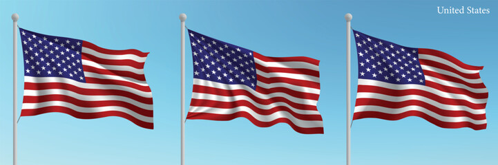 Fototapeta premium Set of three flags of United States waving on flagpoles