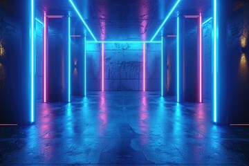 3d render, abstract blue background with glowing neon light. Dark wall illuminated with led lamp. Minimal futuristic wallpape