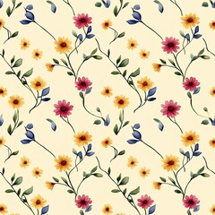 A vibrant floral pattern featuring multicolored blossoms and leaves against a soft yellow background.