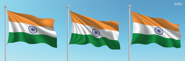 Set of three flags of India waving on flagpoles