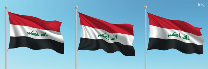 Set of three flags of Iraq waving on flagpoles