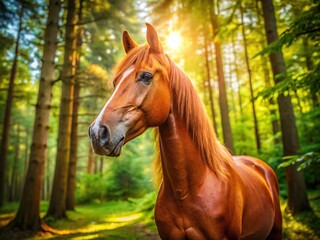 Obraz premium A miniature horse, bathed in soft light, gazes serenely into a dreamlike forest.