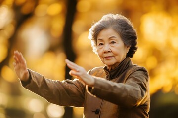 An elderly Asian woman practicing Tai Chi in the park.