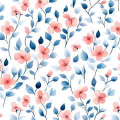 A delicate floral pattern featuring pink flowers and blue leaves on a white background, creating a fresh and vibrant aesthetic.