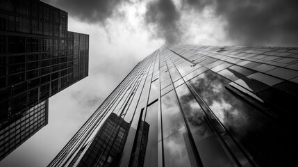 Fototapeta premium A bold architectural shot of a modern skyscraper with a reflective glass fade, blending the city and sky into its design