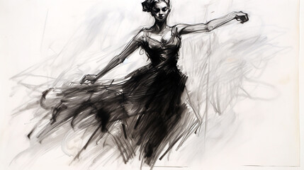 Black charcoal pencil drawing of a young active ballet dancing lady in white background with live performance