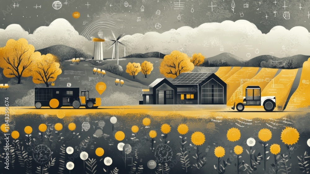 Wall mural the concept of precision weather modeling for agriculture in stormy gray and sunny yellow colors