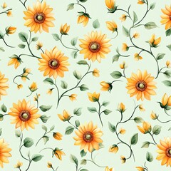 A vibrant floral pattern featuring cheerful sunflowers and delicate buds against a soft mint-green background.