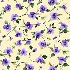 A vibrant floral pattern featuring purple violets on a soft yellow background, ideal for fabric or wallpaper designs.