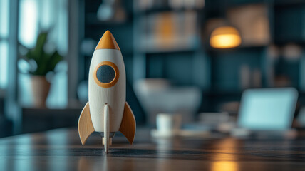 Wooden rocket model in a blurred office setting.