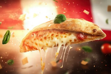 Cheesy calzone with basil and tomato