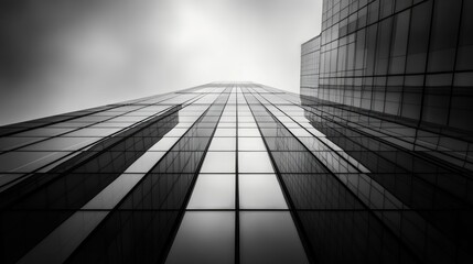 A modern skyscraper with bold lines and a reflective glass surface, mirroring the sky and city in an impressive architectural shot -