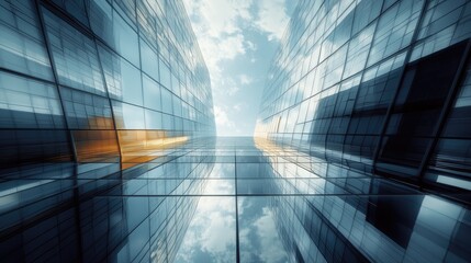 A modern skyscraper with bold lines and a reflective glass surface, mirroring the sky and city in an impressive architectural shot -