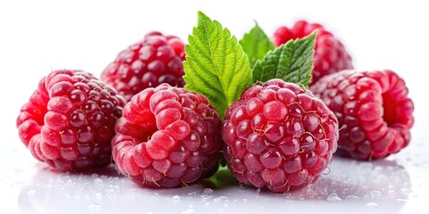 Ripe raspberries with dew drops on white background silhouette