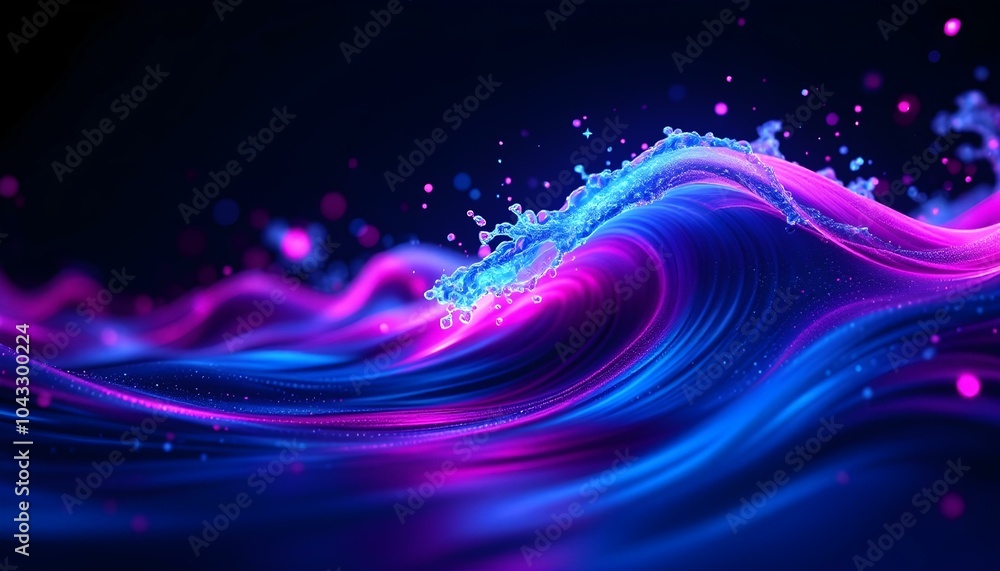 Poster bright glowing purple wave on dark blue background extreme close up. vibrant digital waves flowing w