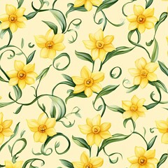Fototapeta premium A vibrant pattern of yellow daffodils intertwined with green leaves, set against a soft yellow background, creating a cheerful floral design.