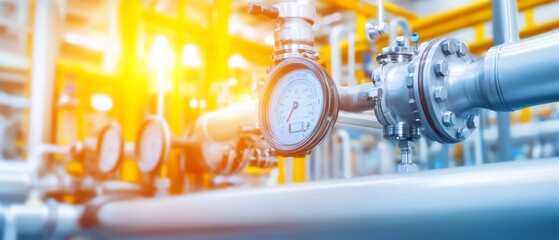 Industrial pipe system with gauges and valves.