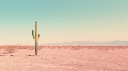 A single saguaro cactus stands tall in the desert, with mountains in the distance. The sky is a pale blue, and the sand is a soft pink.