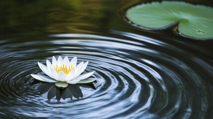 A single white water lily blooms in a pond with ripples in the water.