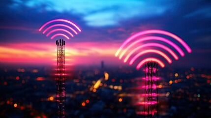 Two telecommunications towers emit colorful signal waves against a vibrant sunset backdrop, showcasing modern connectivity and technology.