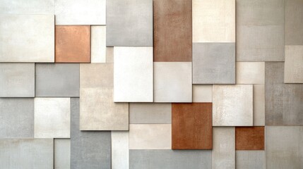 A textured wall design featuring a mix of neutral stone and concrete panels in varying shapes and shades, creating an abstract aesthetic.
