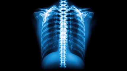 An X-ray image displaying the human thoracic spine and rib cage, showcasing skeletal structures in a blue-toned, translucent view.