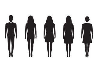 Silhouettes of diverse casual business people standing, walking, men, women full length. Business concept. Black monochrome Vector illustrations isolated on white background.