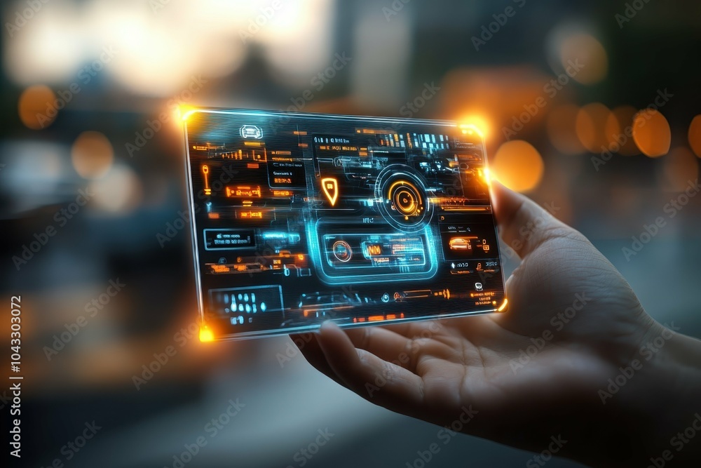 Poster smart home security. futuristic transparent smartphone held in hand displaying digital user interfac