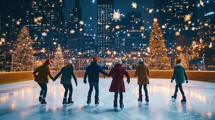 Obraz premium A group of friends ice skating at an outdoor rink, surrounded by Christmas lights and decorations, with a city skyline in the background.