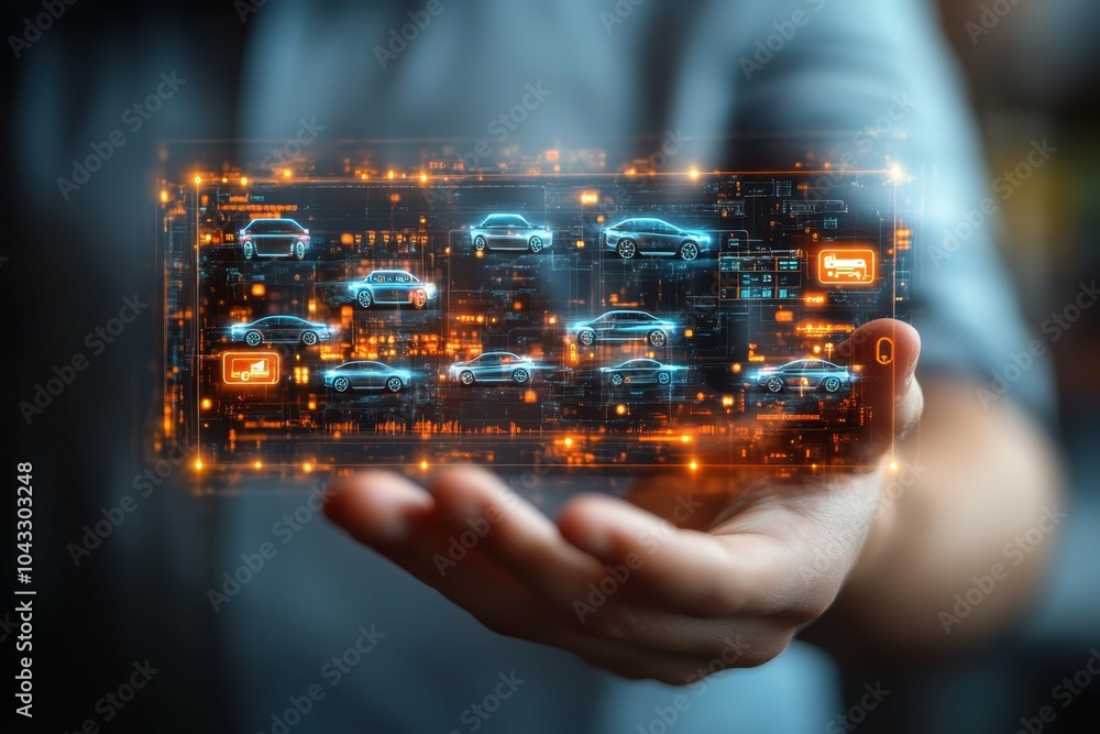 Poster smart home devices. futuristic holographic technology display in hand showing digital network connec