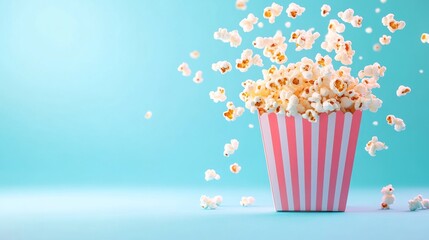 Colorful popcorn spilling from a striped container
