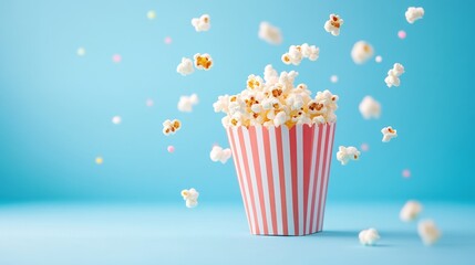 Fresh popcorn bursting from a striped container