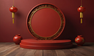 empty round red platform for displaying goods on the theme of Chinese New Year, front view, red background