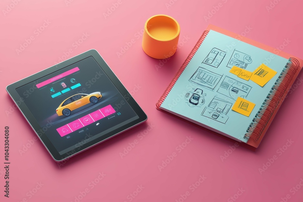 Poster green energy ideas. electric car dashboard display showing charging status with open notebook sketch