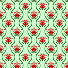 Art Deco red and green seamless pattern. Geometric decorative texture. Vector floral background.