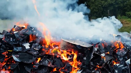 piles of rubbish burning in flames with smoke billowing in the air. Towards Camera. 4K Video