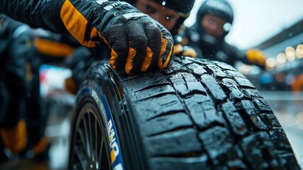 In a high-pressure moment, mechanics are focused on changing a tire during a rainy motorsport event. Their teamwork and expertise are evident as they work swiftly and efficiently.