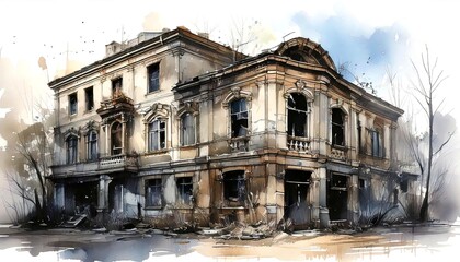 Fototapeta premium Urban Decay: A haunting watercolor painting of a dilapidated building, showcasing the decay and desolation of a once-vibrant city. Crumbling building. Illustration. Drawing. 3