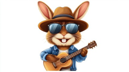 Fototapeta premium A stylish cartoon rabbit playing guitar with sunglasses and a hat, perfect for fun and whimsical themes. Playful and funny animal.