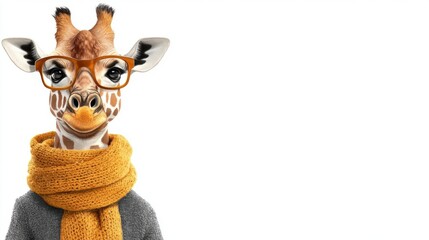 Obraz premium A stylish giraffe wearing glasses and a cozy scarf against a white isolate background. Playful and funny animal.