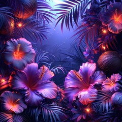 Purple flowers and leaves are lit up by the moonlight, travel concept, copy space