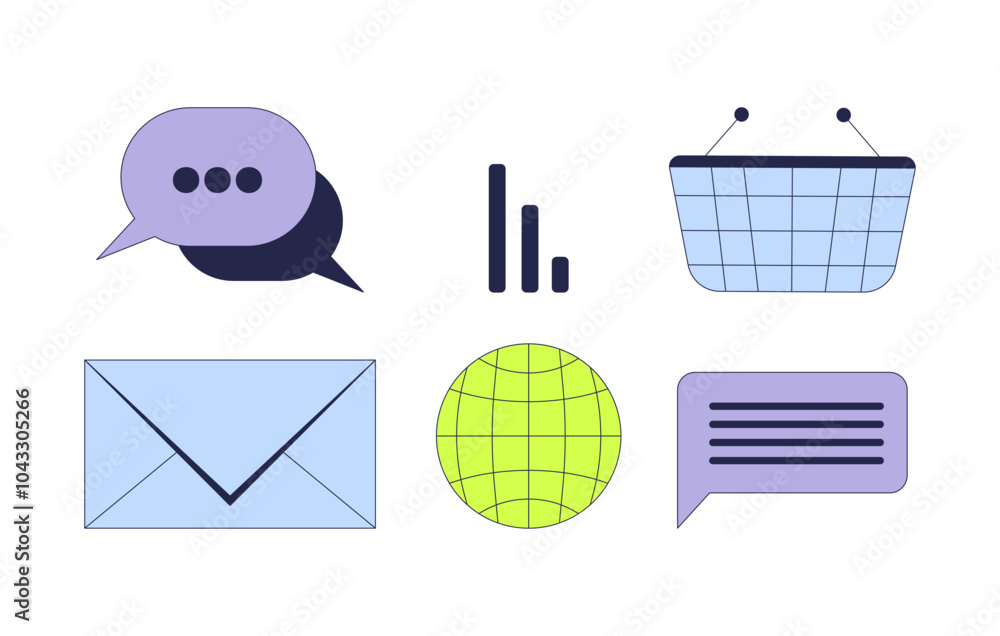 Poster digital communication social network 2d cartoon objects set. online media analysis. basket. messagin