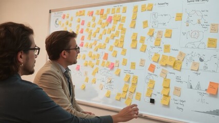 Two men are looking at a whiteboard with lots of sticky notes on it Brainstorming and Collaborative Strategies concept.