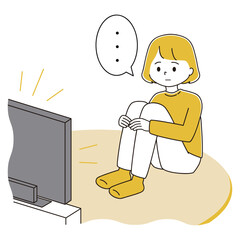 三角座りでぼーっとテレビを観る女性のイラスト