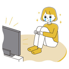 三角座りで真剣にテレビを観て感動の涙を流す女性のイラスト	
