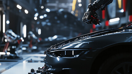Fototapeta premium Car Factory, Automated Robot Arm Assembly Line Manufacturing High-Tech Green Energy Electric Vehicles. Automatic Construction, Building, Welding Industrial Production Conveyor. AI 
