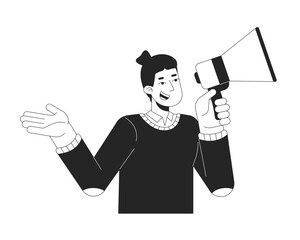 Communicative caucasian man talking through megaphone black and white 2D line character. Male activist promoting with loudspeaker isolated vector outline person. Monochromatic spot illustration