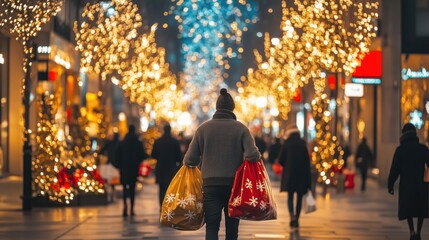 A busy city street with Christmas shoppers carrying bags full of gifts, decorated with holiday lights and wreaths.