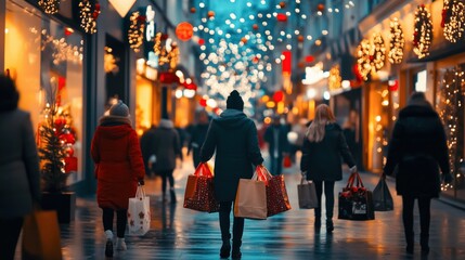 A busy city street with Christmas shoppers carrying bags full of gifts, decorated with holiday lights and wreaths.