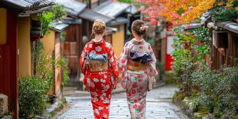 women wearing traditional japanese kimono walking in Kyoto city in Japan. ai generated